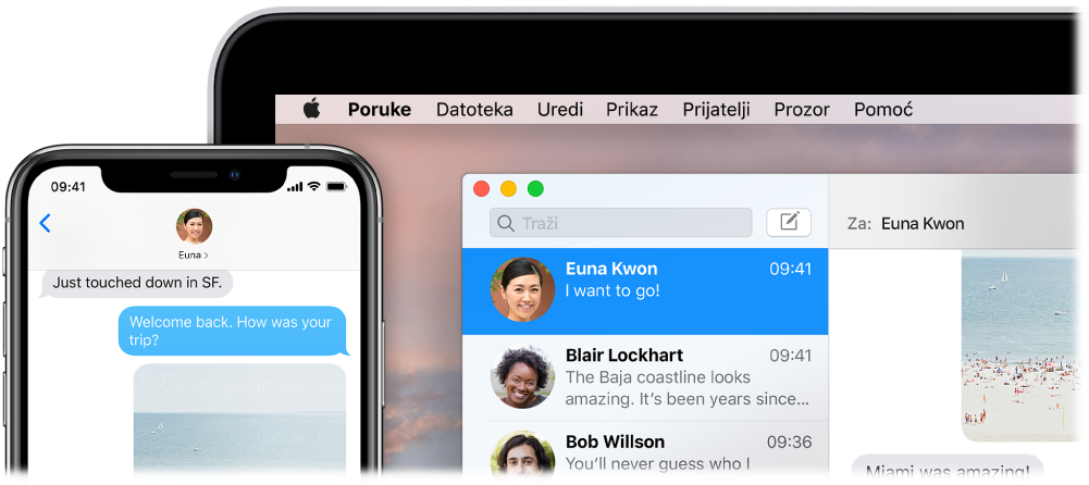 Aplikacija Poruke otvorena na Macu prikazuje isti razgovor u Porukama na iPhoneu.