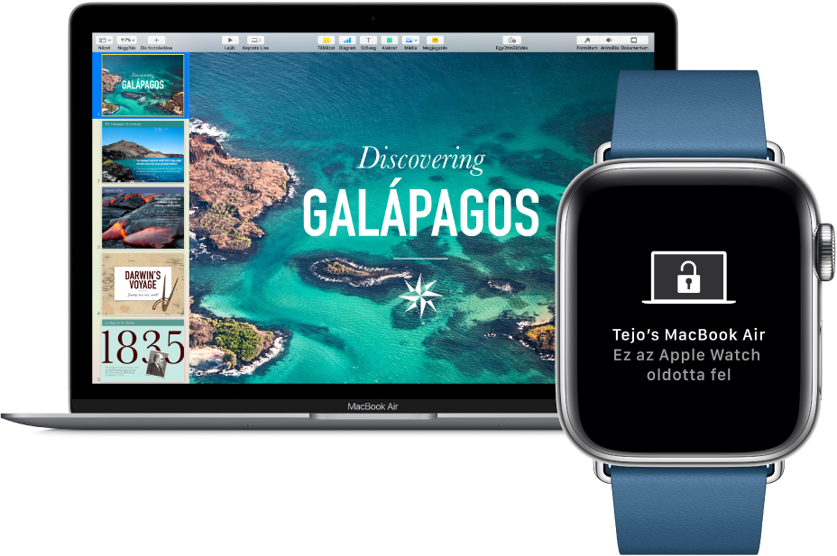 Egy MacBook Air és egy Apple Watch, amelynek kijelzőjén egy üzenet jelzi, hogy a Mac gép zárolása az Apple Watchcsal lett feloldva.