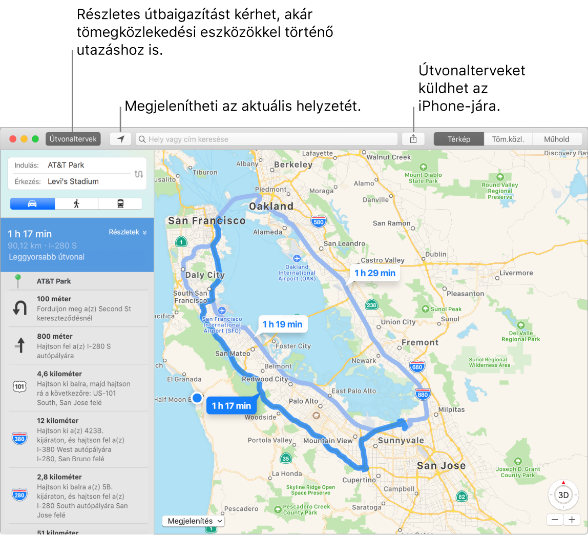 A Térképek ablaka a bal felső sarokban az útvonalak keresésére használható Útvonaltervek elemmel, illetve a Megosztás gombbal, amellyel átküldheti az útvonalterveket egy iPhone-ra.