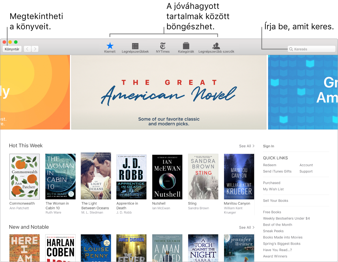 Az Apple Books ablaka, amelyben látható a könyvek megtekintése, a válogatott tartalom áttekintése és a keresés.