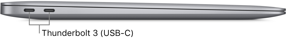 A MacBook Air bal oldali nézete a Thunderbolt 3 (USB-C) portokra mutató feliratokkal.