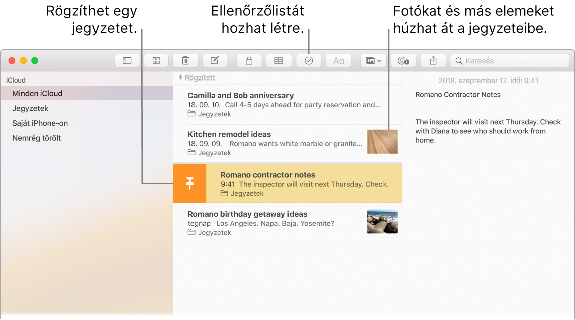 A Jegyzetek ablaka, amelyen az ellenőrzőlista gomb látható, illetve az a funkció, amellyel áthúzhat egy fotót a jegyzetébe.