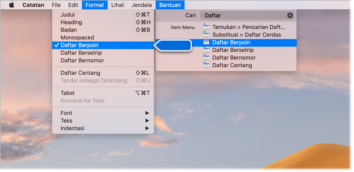 Menu Bantuan menampilkan pencarian untuk “daftar", dengan perintah Daftar Berpoin disorot dalam daftar hasil dan di menu Format.