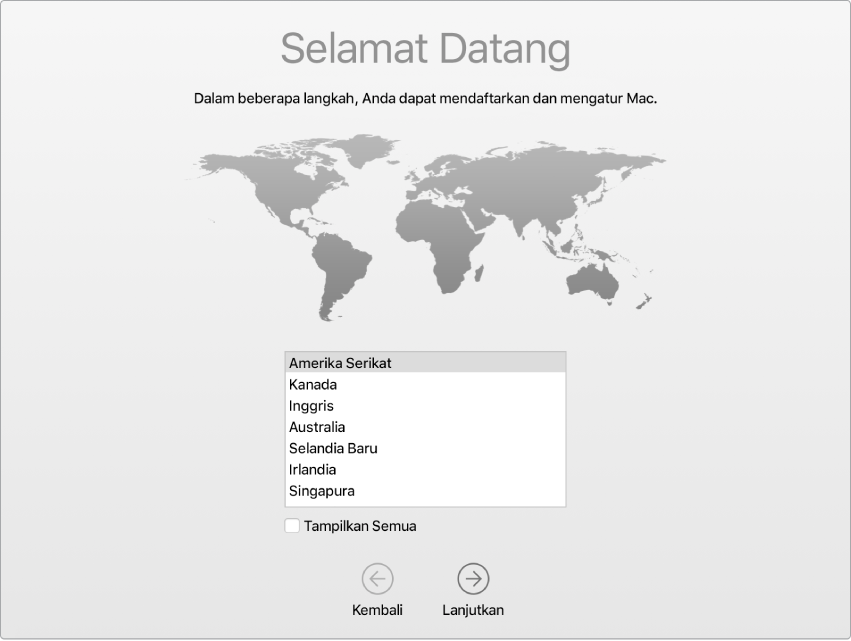 Layar Mac dengan Asisten Pengaturan terbuka ke layar Selamat Datang.