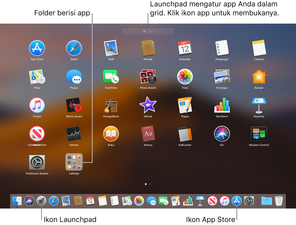 Layar Mac dengan Launchpad terbuka, menampilkan folder app di Launchpad, dan ikon Launchpad dan Mac App Store di Dock.