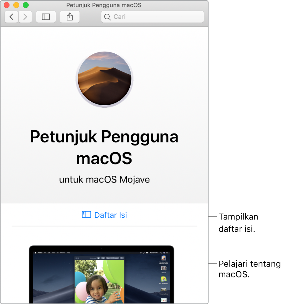 Halaman selamat datang di Petunjuk Pengguna macOS menampilkan tautan Daftar Isi.