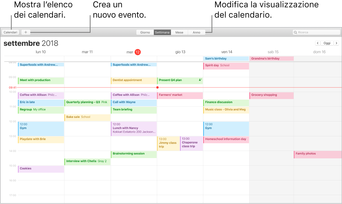 Finestra di Calendario che mostra come creare un evento, visualizzare l'elenco dei calendari e scegliere la vista Giorno, Settimana, Mese o Anno.