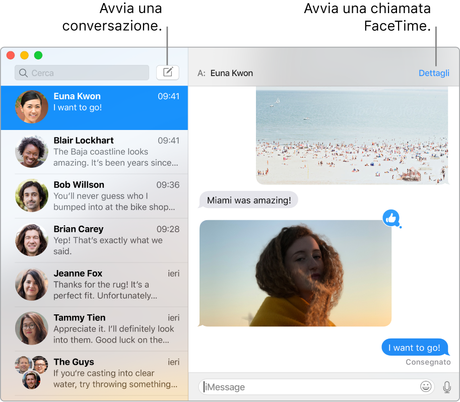 Finestra di Messaggi che illustra come iniziare una conversazione e una chiamata FaceTime.