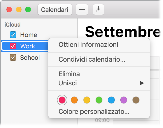 Menu di scelta rapida con le opzioni per personalizzare il colore di un calendario.