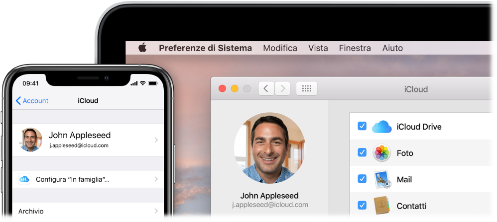 iPhone che mostra le impostazioni iCloud e uno schermata del Mac che mostra la finestra di iCloud.