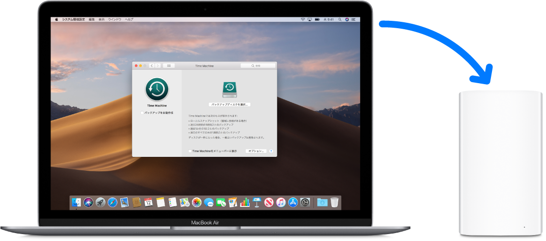 MacBook Airの画面。「Time Machine」バックアップウインドウが表示されていますMacBook AirはワイヤレスでAirMac Time Capsuleに接続されています。