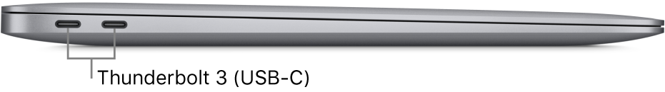 Thunderbolt 3 (USB-C) порттарына тілше деректері бар MacBook Air компьютерінің сол жақ көрінісі.