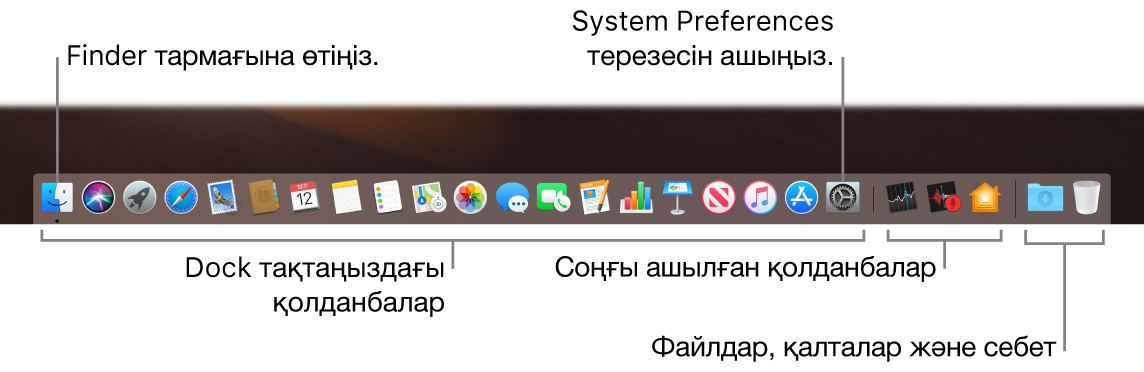 Finder, System Preferences және файлдар мен қалталардан қолданбаларды бөлетін Dock тақтасындағы жолды көрсетіп тұрған Dock.