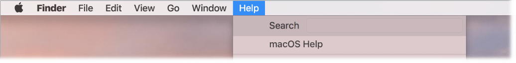 Search және macOS Help мәзір параметрлерін көрсетіп тұрған Help мәзірі ашық жартылай жұмыс үстелі.