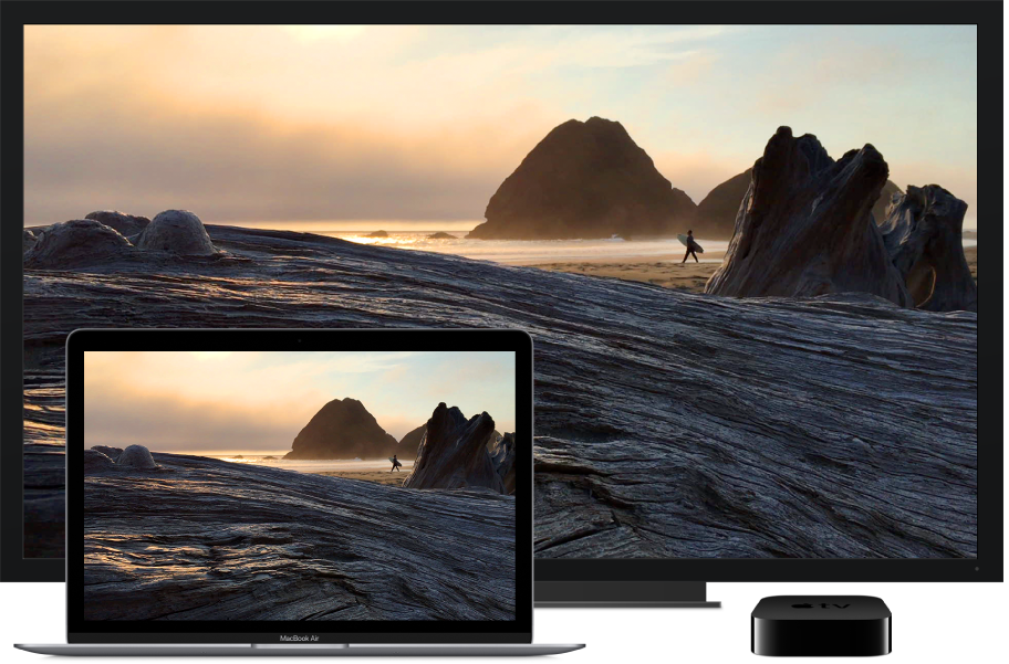 Apple TV를 사용하여 대형 HDTV에 콘텐츠가 미러링되어 있는 MacBook Air.