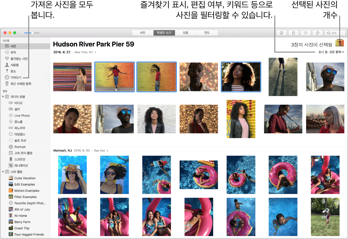 여러 사진이 선택되어 있고 앨범에서 사진에 필터를 설정하고 사이드바를 사용하는 방법을 보여주는 사진 앱 윈도우.