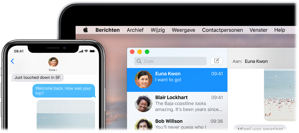 Het programma Berichten geopend op een Mac, met hetzelfde gesprek in Berichten op een iPhone.