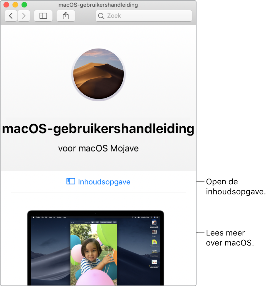 De welkomstpagina van de macOS-gebruikershandleiding met de koppeling 'Inhoudsopgave'.