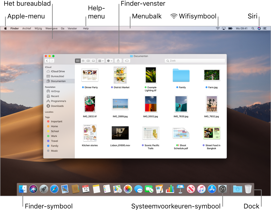 Een Mac-scherm met het Apple-menu, het bureaublad, het Help-menu, het Finder-venster, de menubalk, het wifistatussymbool, het symbool om Siri iets te vragen, het Finder-symbool, het Systeemvoorkeuren-symbool en het Dock.