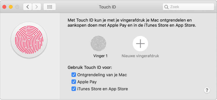 Het voorkeurenpaneel voor Touch ID met opties voor het toevoegen van een vingerafdruk en het gebruik van Touch ID om je Mac te ontgrendelen, Apple Pay te gebruiken en aankopen te doen in de iTunes Store, de App Store en Apple Books.