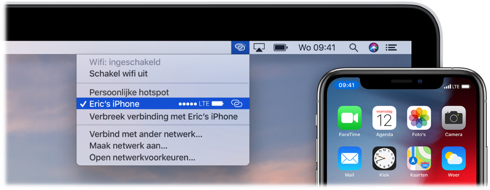 Het scherm van een Mac met het wifimenu met daarin een persoonlijke hotspot verbonden met een iPhone.