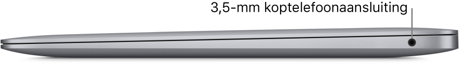 Rechteraanzicht van een MacBook Pro met bijschriften voor de twee Thunderbolt 3-poorten (USB-C) en de 3,5-mm koptelefoonaansluiting.