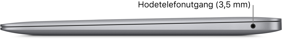 Høyre side av en MacBook Pro med bildeforklaringer for de to Thunderbolt 3-portene (USB-C) og hodetelefonutgangen på 3,5 mm.