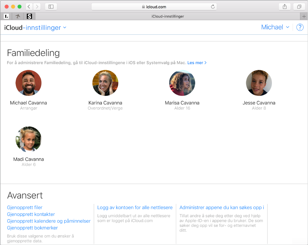 Safari-vindu som viser innstillinger for Familiedeling på iCloud.com.