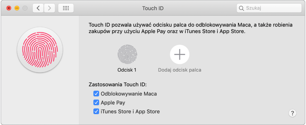 Okno preferencji Touch ID z opcjami pozwalającymi na dodanie odcisku palca i używanie czytnika Touch ID do odblokowywania Maca, korzystania z Apple Pay, kupowania w iTunes Store, App Store oraz Apple Books.