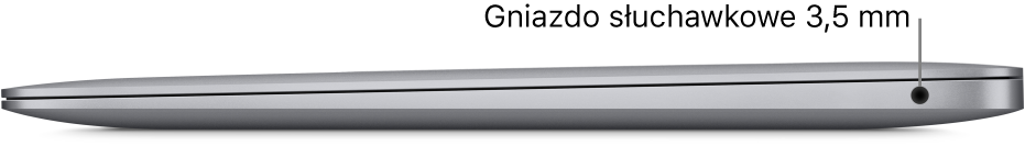 MacBook Pro widziany z prawej strony. Objaśnienia wskazują dwa gniazda Thunderbolt 3 (USB‑C) oraz gniazdo słuchawek (3,5 mm).