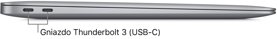 MacBook Air widziany z lewej strony. Objaśnienia wskazują gniazda Thunderbolt 3 (USB‑C).