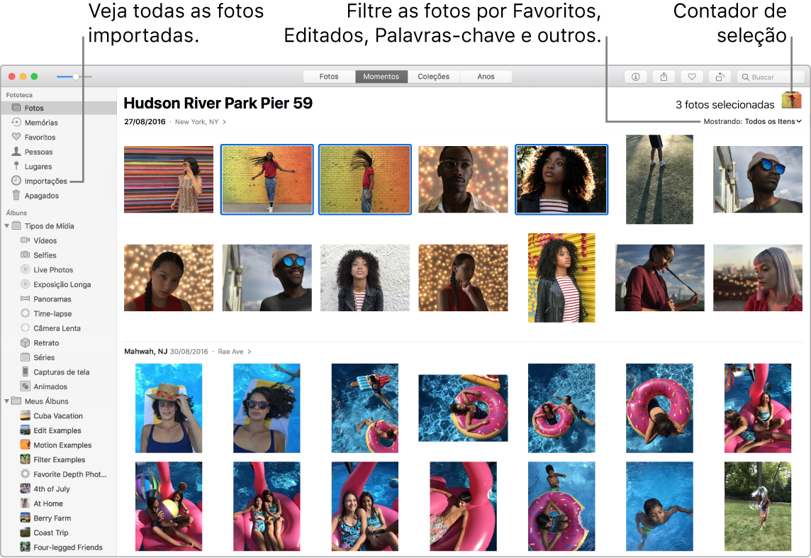 Janela do Fotos mostrando várias fotos selecionadas, como filtrar as fotos em um álbum e como usar a barra lateral.