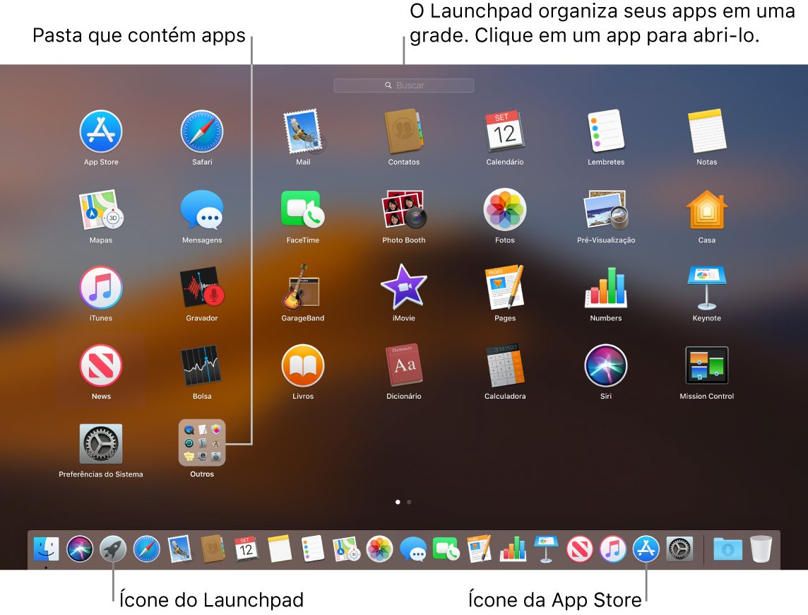 Tela do Mac com o Launchpad aberto, mostrando uma pasta de aplicativos no Launchpad e os ícones do Launchpad e da Mac App Store no Dock.