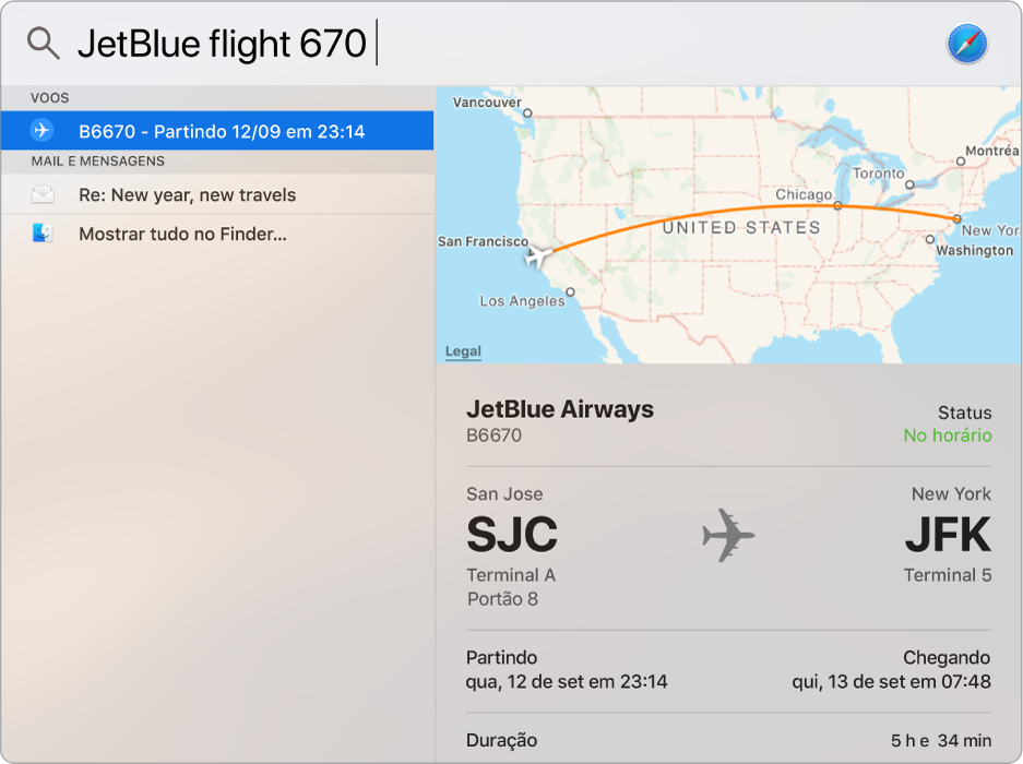 Janela do Spotlight mostrando um mapa e informações do voo buscado.