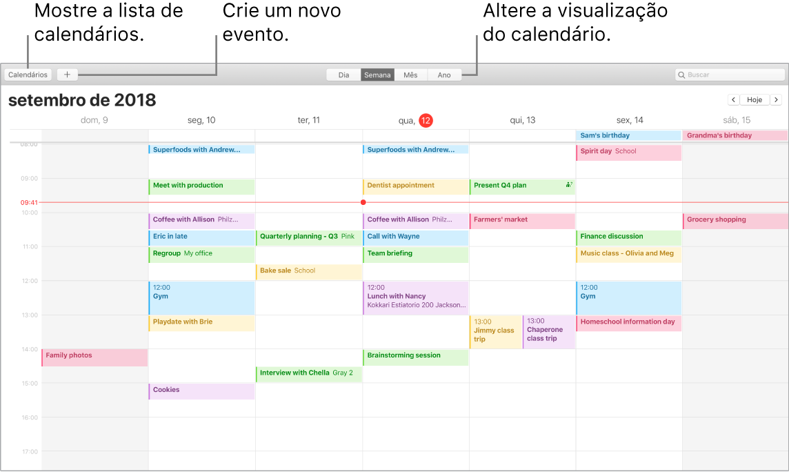 Janela do Calendário mostrando como criar um evento, mostrar a lista de calendários e escolher a visualização por Dia, Semana, Mês ou Ano.