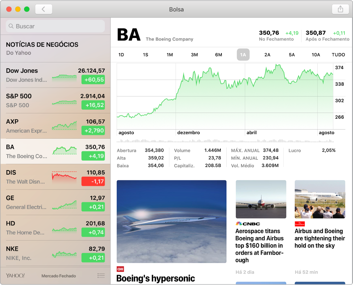 Painel do app Bolsa mostrando os preços de mercado em uma lista de ações, com as linhas do tempo e notícias.