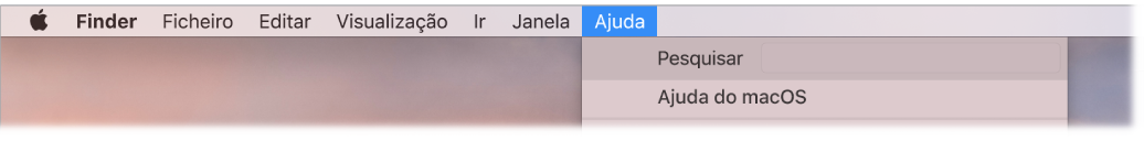 Parte da secretária visível, com o menu Ajuda aberto, a mostrar as opções de menu Pesquisar e Ajuda do macOS.