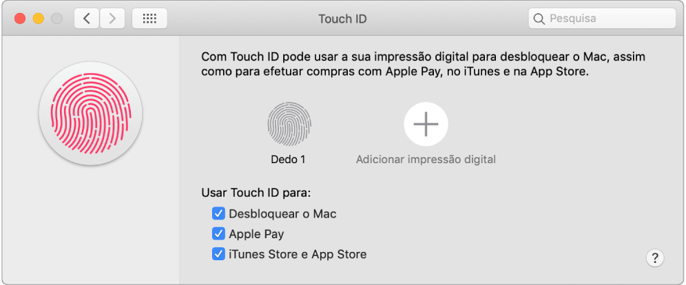 Janela do painel de preferências Touch ID com opções para adicionar uma impressão digital e usar o Touch ID para desbloquear o Mac, para o Apple Pay e compras na iTunes Store, App Store e Apple Books.