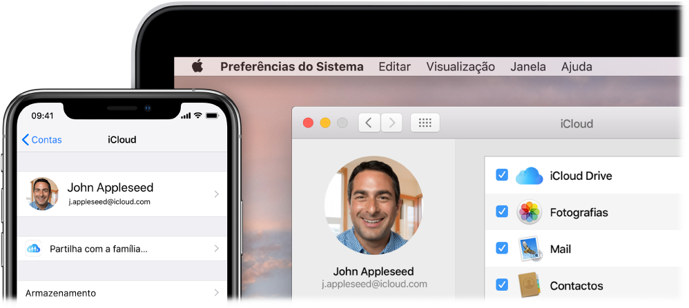 Um iPhone a mostrar as definições de iCloud e o ecrã de um Mac a mostrar a janela de iCloud.