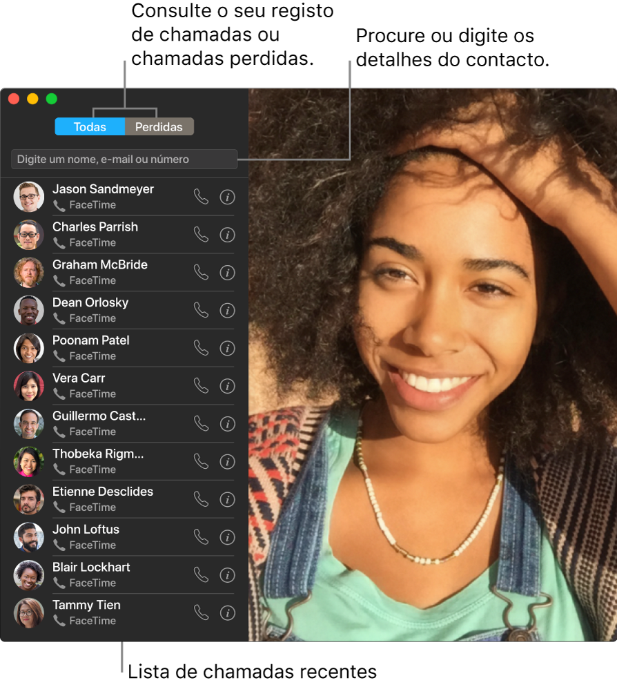 Janela do FaceTime que mostra como fazer uma chamada de vídeo ou áudio, usar o campo de pesquisa para introduzir ou pesquisar detalhes de contacto, e ver a lista de chamadas recentes.