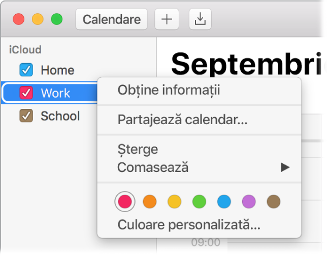 Meniu de scurtături Calendar cu opțiuni pentru personalizarea culorii unui calendar.