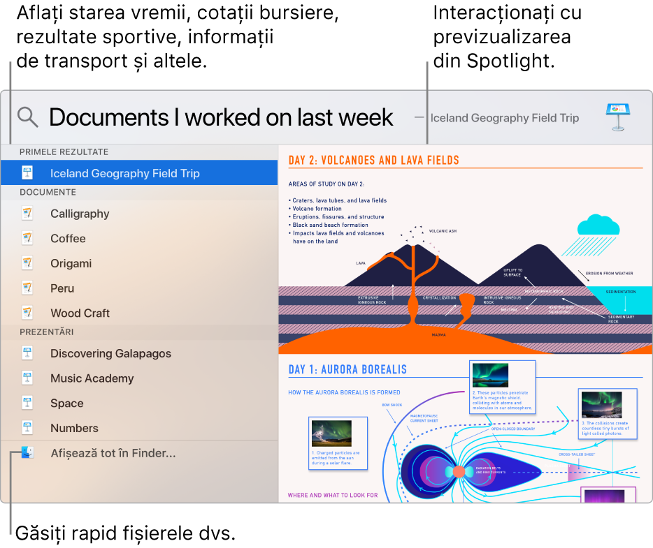 Fereastra Spotlight afișând rezultatele căutării la stânga și o previzualizare la dreapta.