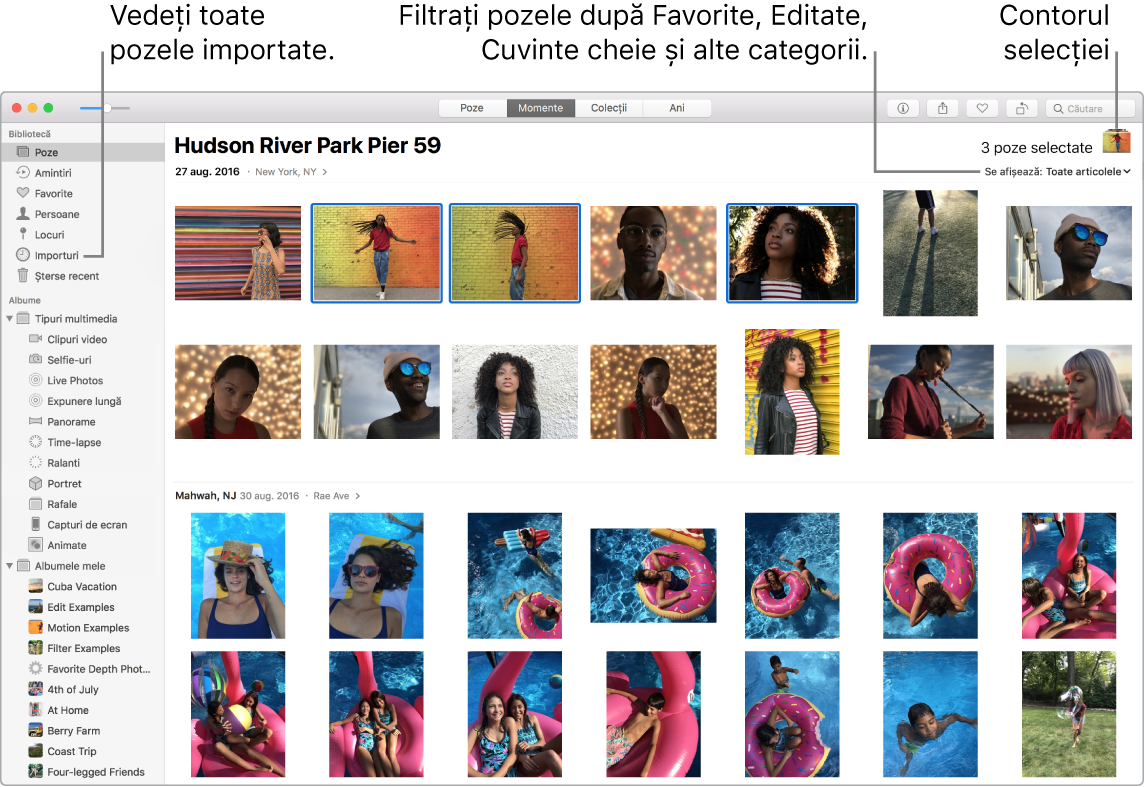 Fereastră Poze arătând mai multe poze selectate, cum să filtrați pozele din album și cum să utilizați bara laterală.