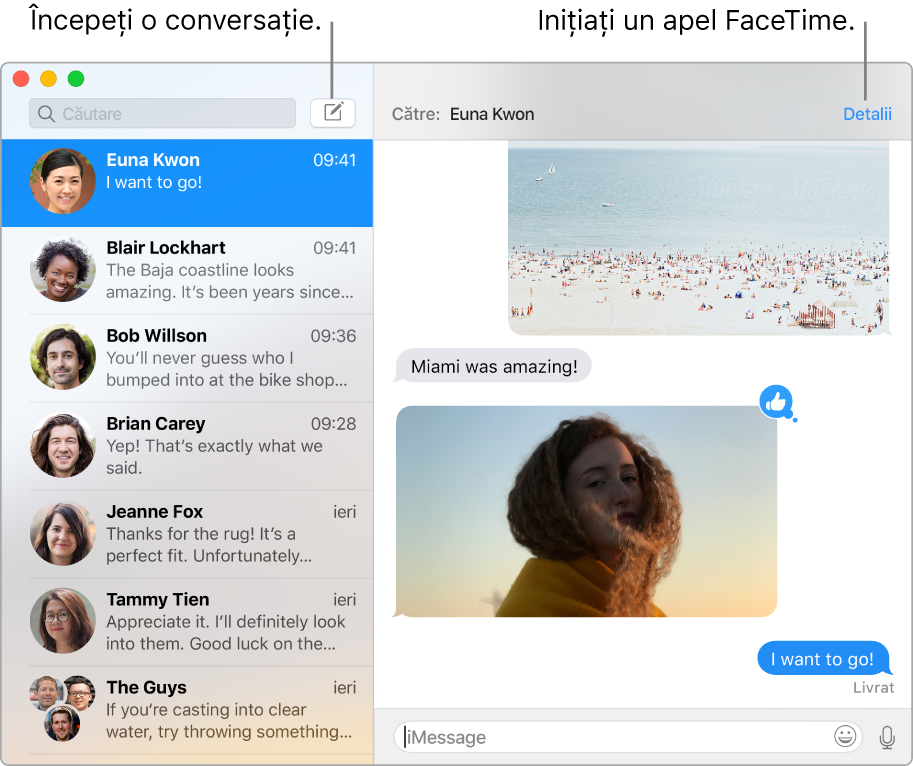 Fereastră de mesaje afișând cum să începeți o conversație și cum să începeți un apel FaceTime.