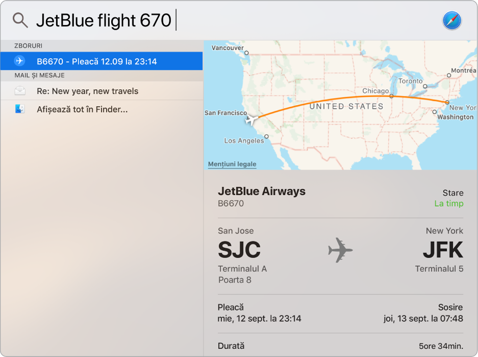 Fereastra Spotlight afișând o hartă și informații despre zborul pe care l-ați căutat.