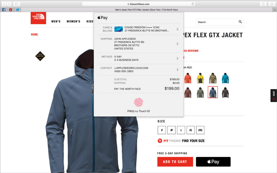 O captură de ecran cu o achiziție online în desfășurare realizată prin opțiunea Apple Pay.