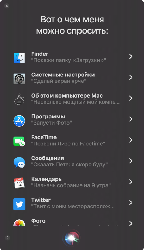 Окно Siri с заголовком «О чем меня можно спросить» и примерами запросов к Siri, например: «Ростов выиграл?»