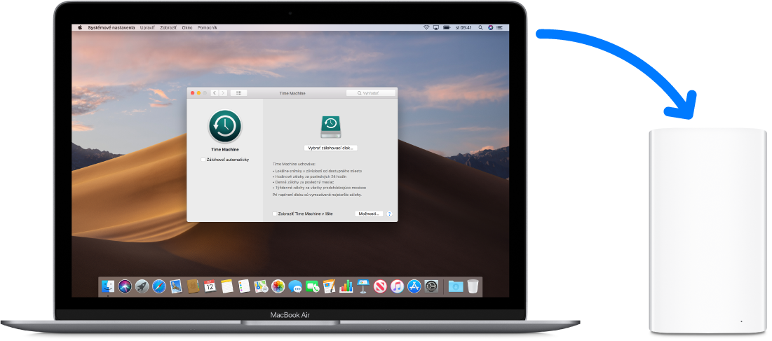 Obrazovka MacBooku Air s oknom zálohy Time Machine. MacBook Air je bezdrôtovo pripojený k zariadeniu AirPort Time Capsule.