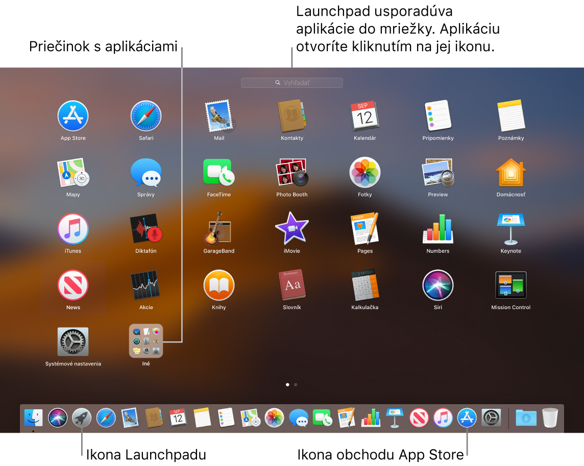 Obrazovka MacBooku s otvoreným Launchpadom, v ktorom je znázornený priečinok s aplikáciami v Launchpade, a ikony Launchpadu a Mac App Store v Docku.