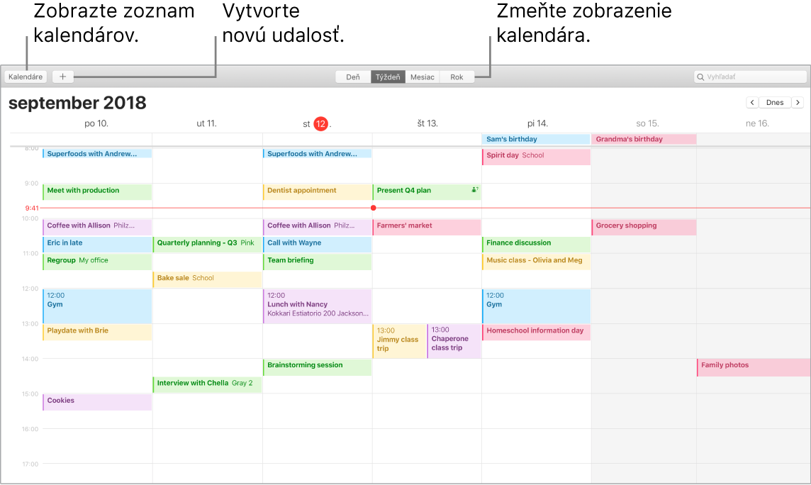 Okno aplikácie Kalendár zobrazujúce, ako vytvoriť udalosť, zobraziť zoznam kalendára a vybrať zobrazenie Deň, Týždeň, Mesiac a Rok.